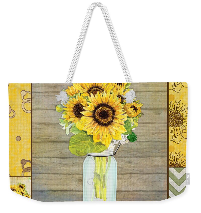 Modern Weekender Tote Bag featuring the painting Modern Rustic Country Sunflowers in Mason Jar by Audrey Jeanne Roberts