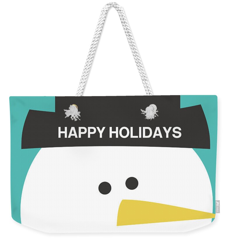 Snowman Weekender Tote Bag featuring the digital art Modern Snowman Happy Holidays- Art by Linda Woods by Linda Woods