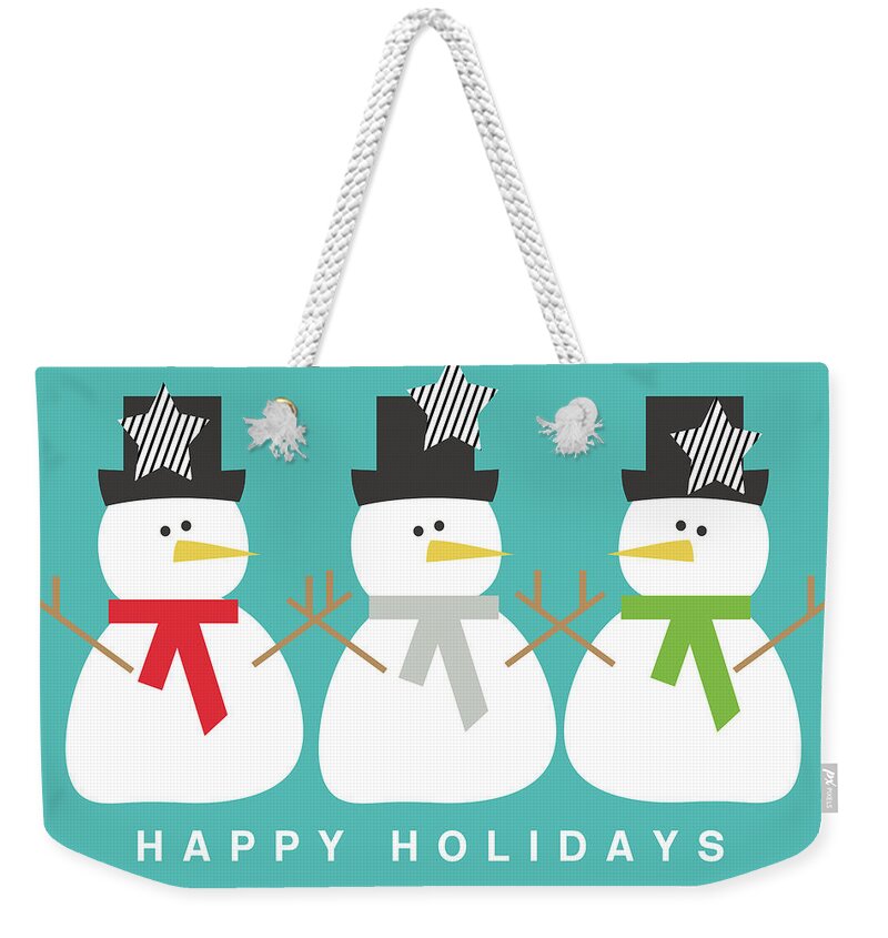 Snowman Weekender Tote Bag featuring the digital art Modern Snowmen Happy Holidays- Art by Linda Woods by Linda Woods