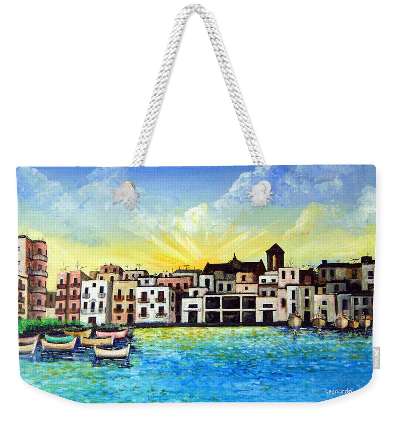 Italy Weekender Tote Bag featuring the painting Mola Di Bari 1980 by Leonardo Ruggieri