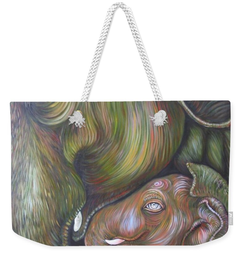Elephant Weekender Tote Bag featuring the painting Mom and Kid by Sukalya Chearanantana