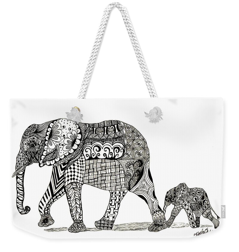 Elephant Weekender Tote Bag featuring the drawing Momma and Baby Elephant by Kathy Sheeran