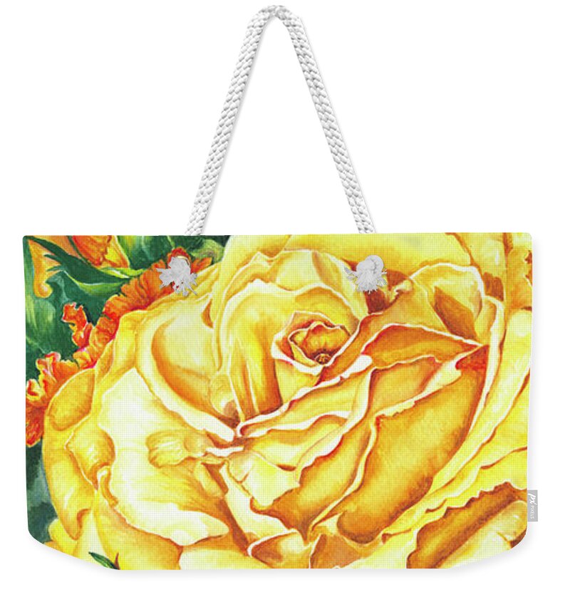 Yellow Rose Watercolor Weekender Tote Bag featuring the painting Mom's Golden Glory by Lori Taylor