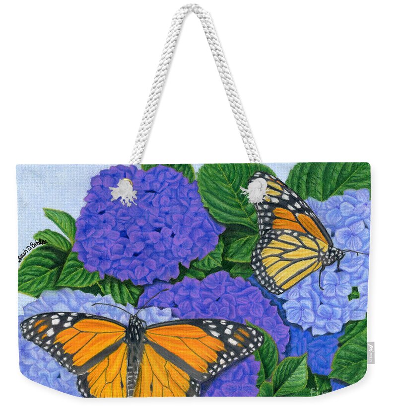 Monarch Butterflies Weekender Tote Bag featuring the painting Monarch Butterflies And Hydrangeas by Sarah Batalka