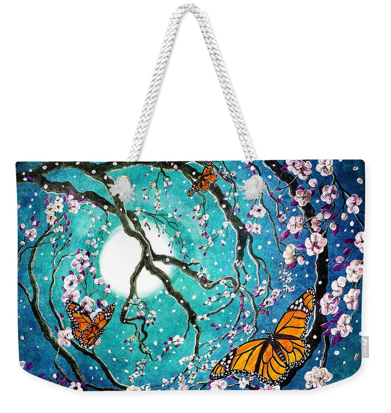 Fantasy Weekender Tote Bag featuring the digital art Monarch Butterflies in Teal Moonlight by Laura Iverson