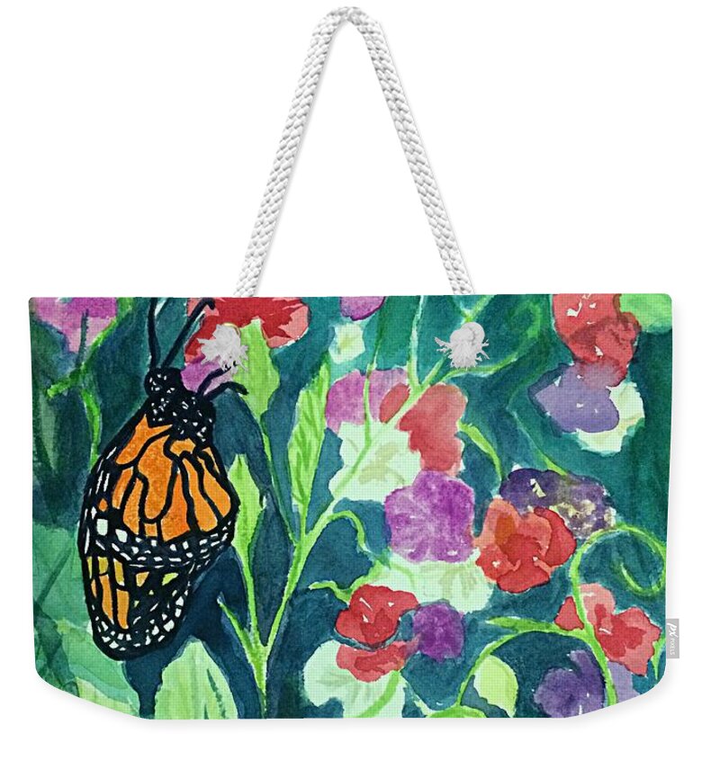 Monarch Butterfly Weekender Tote Bag featuring the painting Monarch Butterfly Amid Sweetpeas by Ellen Levinson