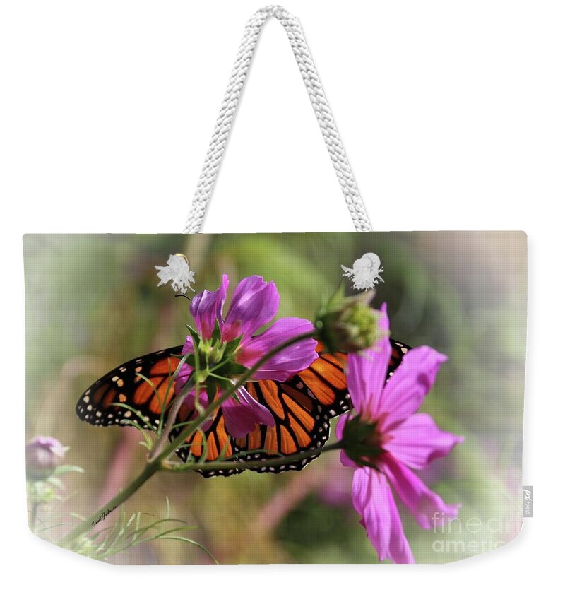Monarch Butterfly Weekender Tote Bag featuring the photograph Monarch butterfly on the Pink Cosmos by Yumi Johnson