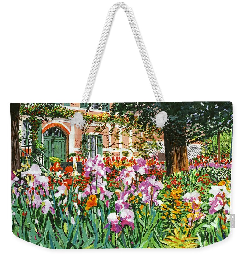 Giverny Weekender Tote Bag featuring the painting Monet's Irises by David Lloyd Glover