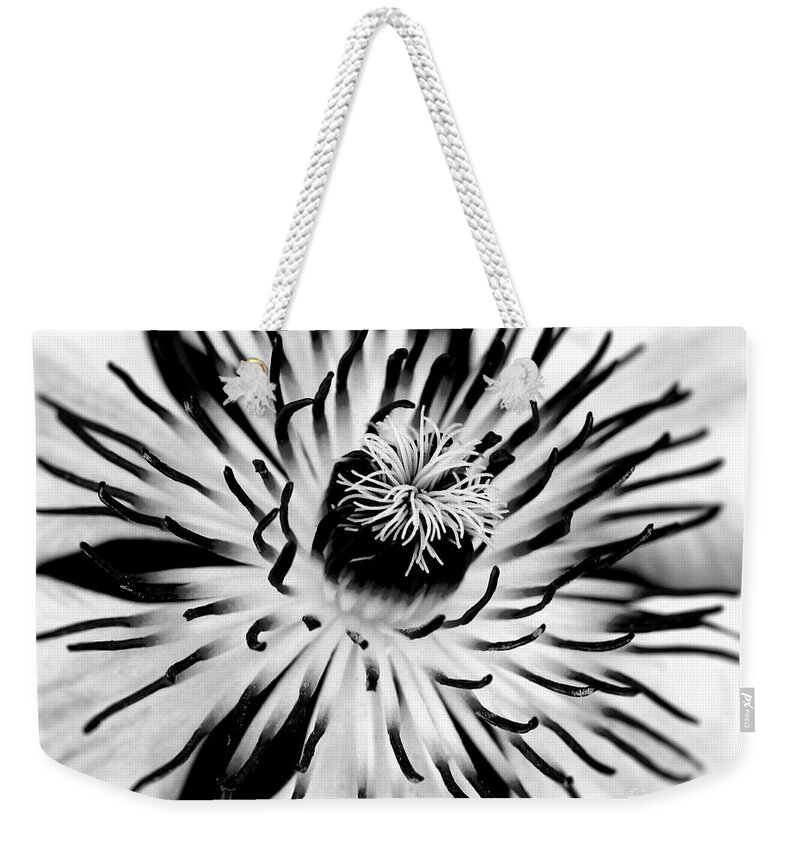 Clematis Weekender Tote Bag featuring the photograph Mono Clematis by Baggieoldboy