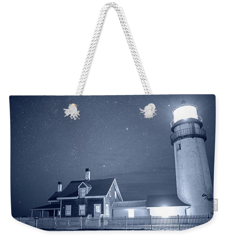 Truro Weekender Tote Bag featuring the photograph Monochrome Blue Nights Highland Light Truro Massachusetts Cape Cod Starry Sky by Toby McGuire