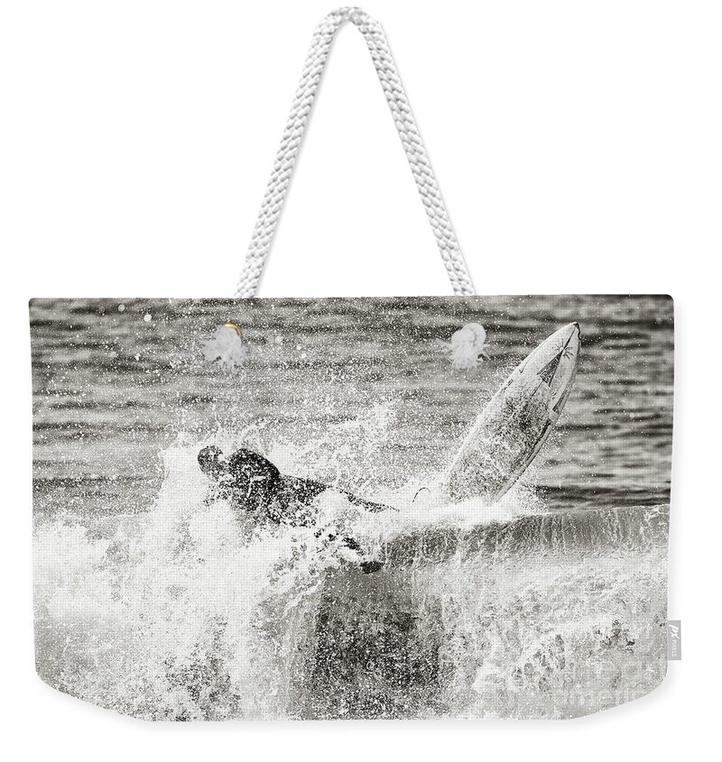 Surfer Weekender Tote Bag featuring the photograph Monochrome Wipeout by Nicholas Burningham