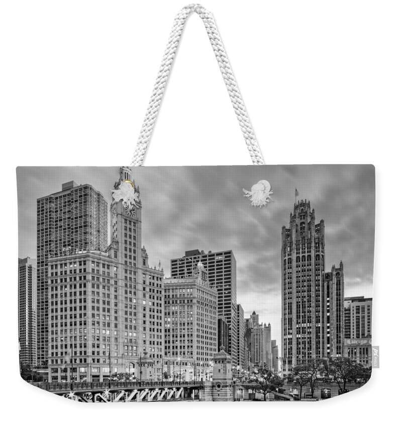 City Weekender Tote Bag featuring the photograph Monochrome Wrigley and Chicago Tribune Buildings - Michigan Avenue Dusable Bridge Chicago Illinois by Silvio Ligutti