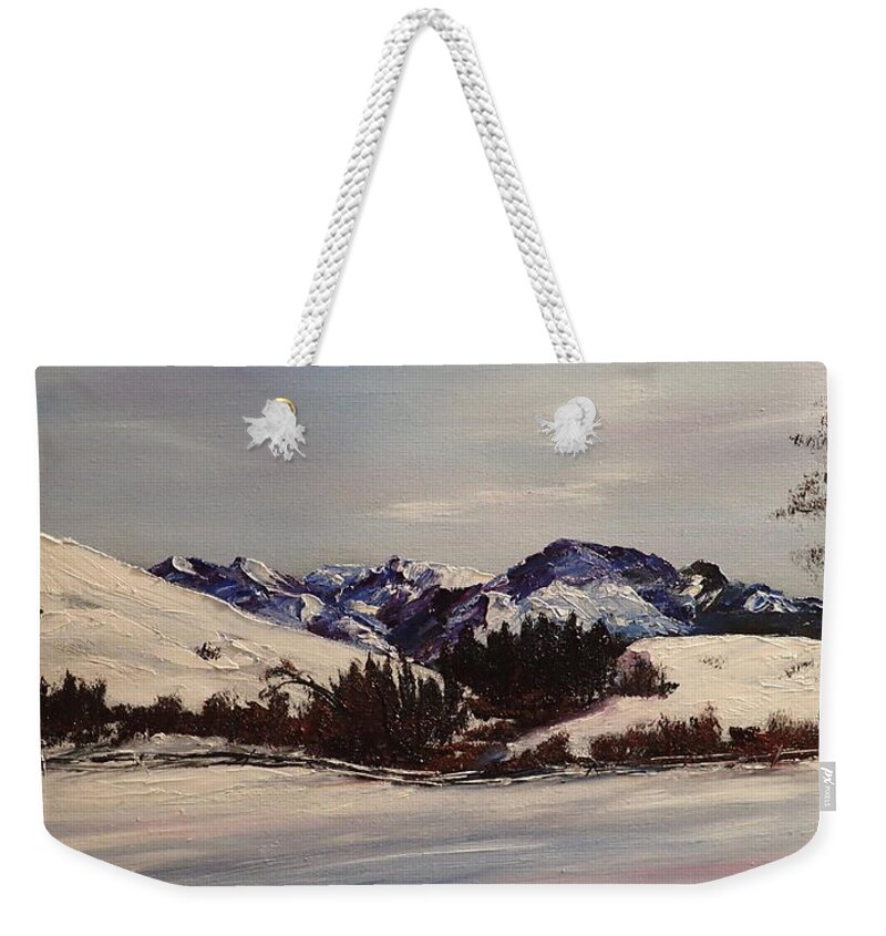 Montana Winter Scene Weekender Tote Bag featuring the painting Squaw Creek Madison Range   3 by Cheryl Nancy Ann Gordon