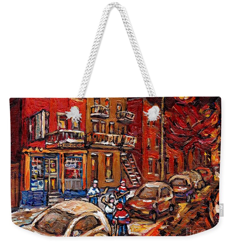 Montreal Weekender Tote Bag featuring the painting Montreal Night Scene Painting Hockey Game On Rue Centre At The Depanneur Pointe St Charles Winter by Carole Spandau