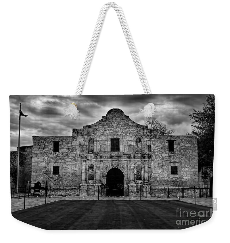 Moody Morning At The Alamo Bw Weekender Tote Bag featuring the photograph Moody Morning at the Alamo BW by Jemmy Archer