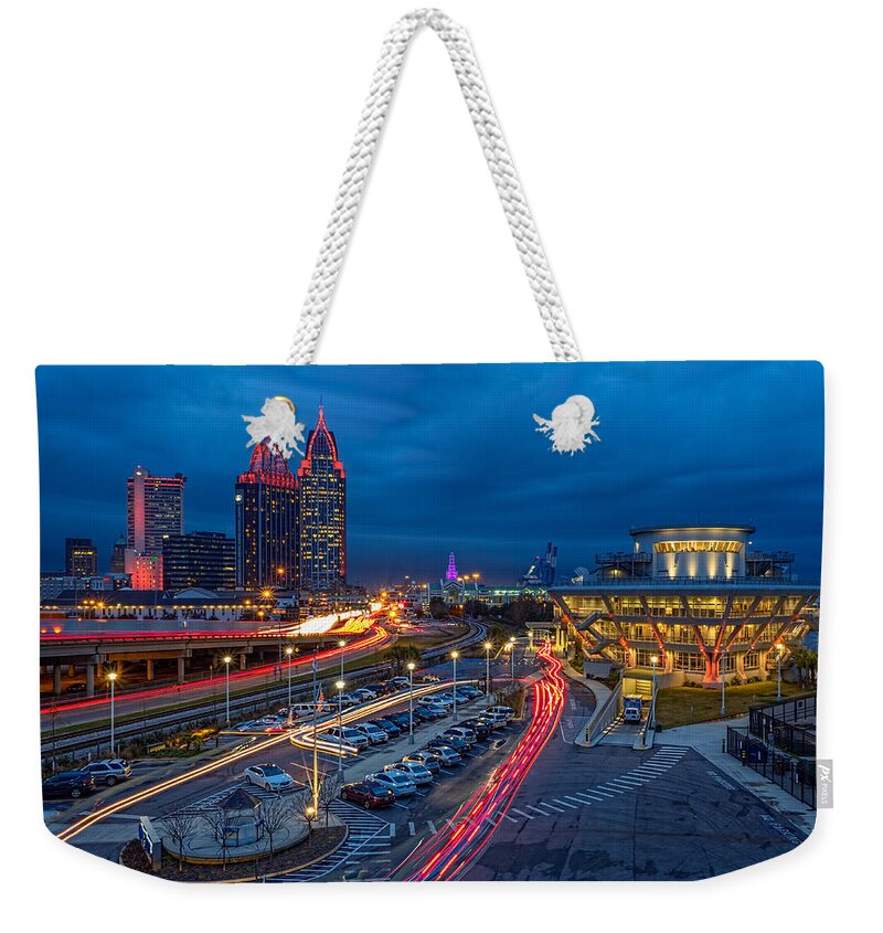 Alabama Weekender Tote Bag featuring the photograph Moody Night in the Port City by Brad Boland