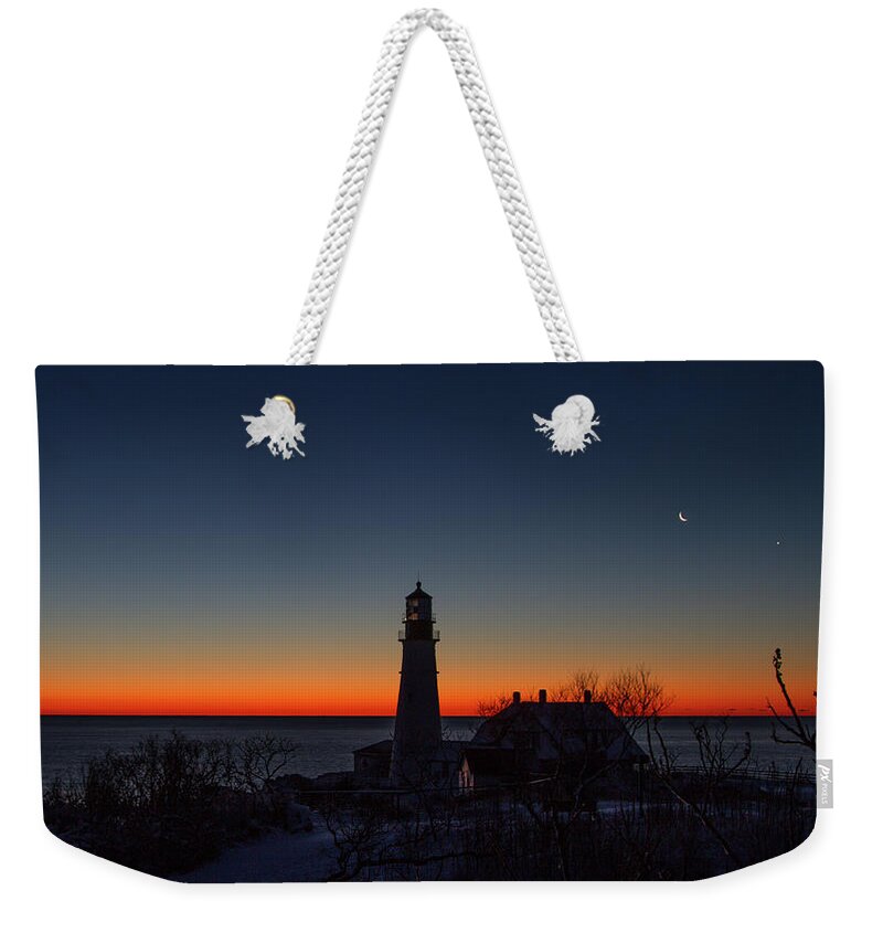 The Half Hour Or So Before The Sun Comes Up Can Be So Magical! The Crescent Moon Is Visible In The Deep Blue Sky With The Blaze Orange Announcing The Rising Sun. Weekender Tote Bag featuring the photograph Moon and Venus - Headlight Sunrise by Darryl Hendricks