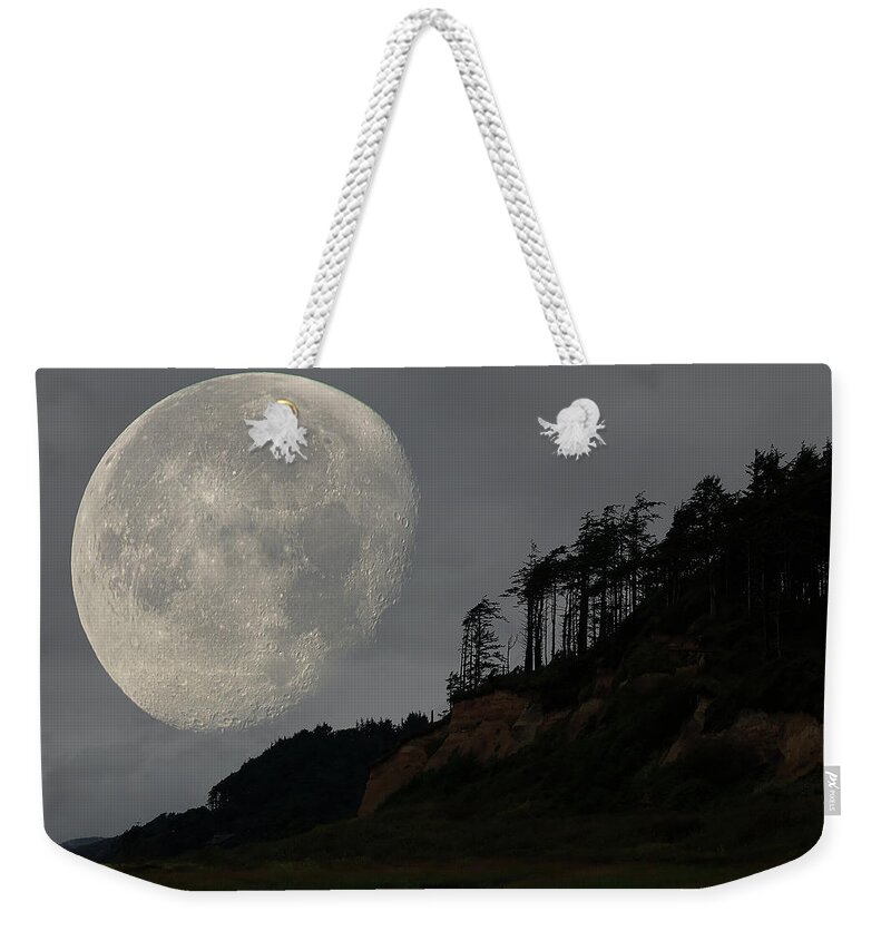 Landscape Weekender Tote Bag featuring the photograph Moon at Roosevelt Beach WA by Bob Cournoyer