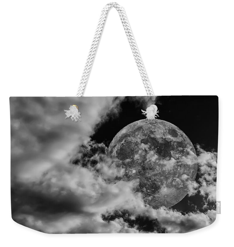 Design Weekender Tote Bag featuring the photograph Moon In Clouds 26 by Mark Myhaver