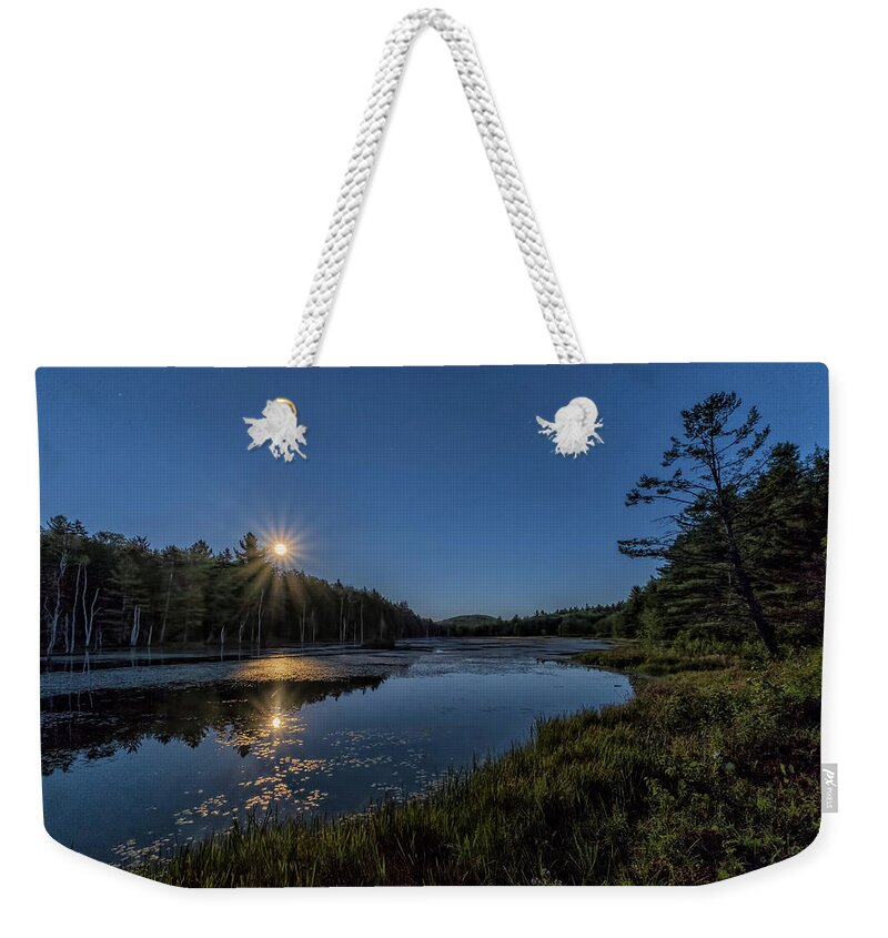 Marlboro Weekender Tote Bag featuring the photograph Moon On North Pond Road by Tom Singleton