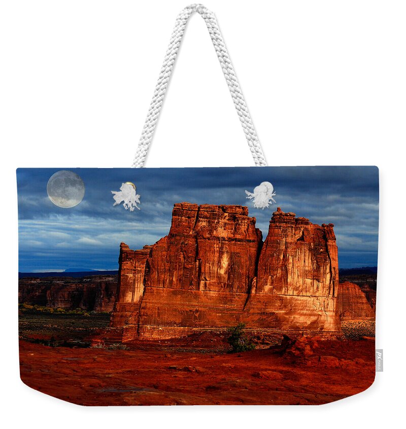Moon Weekender Tote Bag featuring the photograph Moon over La Sal by Harry Spitz