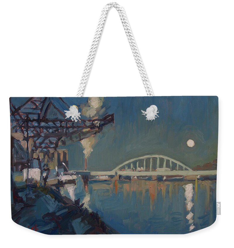 Maastricht Weekender Tote Bag featuring the painting Moon over the railway bridge Maastricht by Nop Briex