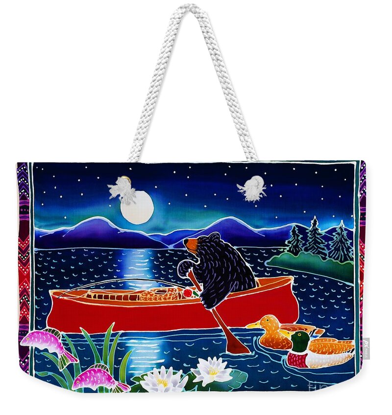Whimsical Weekender Tote Bag featuring the painting Moonlight on a Red Canoe by Harriet Peck Taylor
