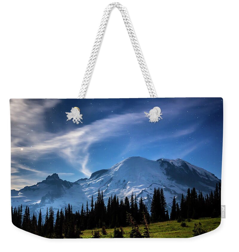 Mt Weekender Tote Bag featuring the photograph Moonlight on MT Rainier by Rob Green