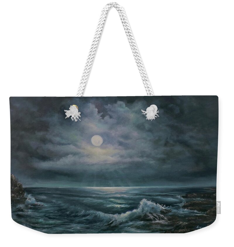 Nocturnal Landscape Painting Weekender Tote Bag featuring the painting Moonlit Seascape by Katalin Luczay
