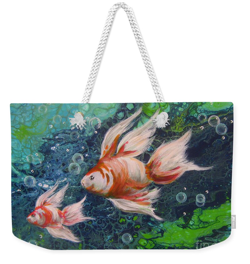 Fish Weekender Tote Bag featuring the painting More Little Fishies by Bella Apollonia