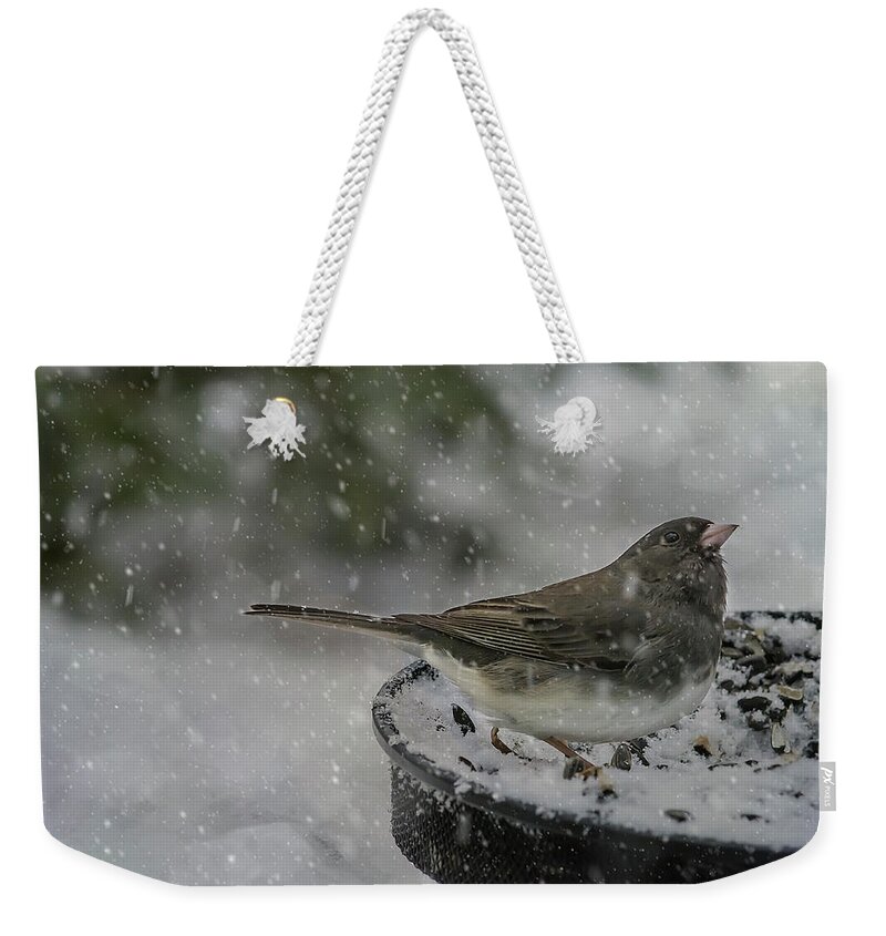 Bird Weekender Tote Bag featuring the photograph More Snow? by Cathy Kovarik