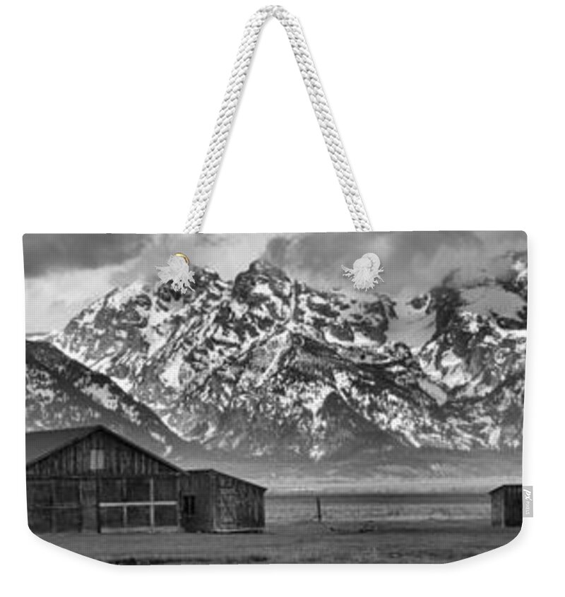 Black And White Weekender Tote Bag featuring the photograph Mormon Row Homes Panorama Black And White by Adam Jewell