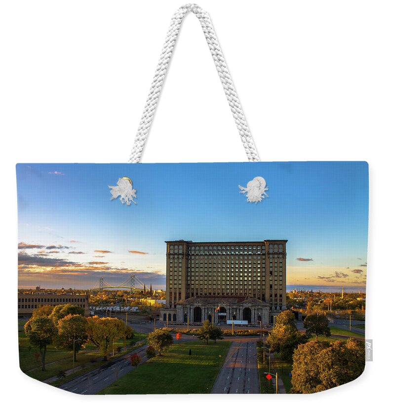 Detroit Weekender Tote Bag featuring the photograph Morning across Michigan Central Station by Jay Smith