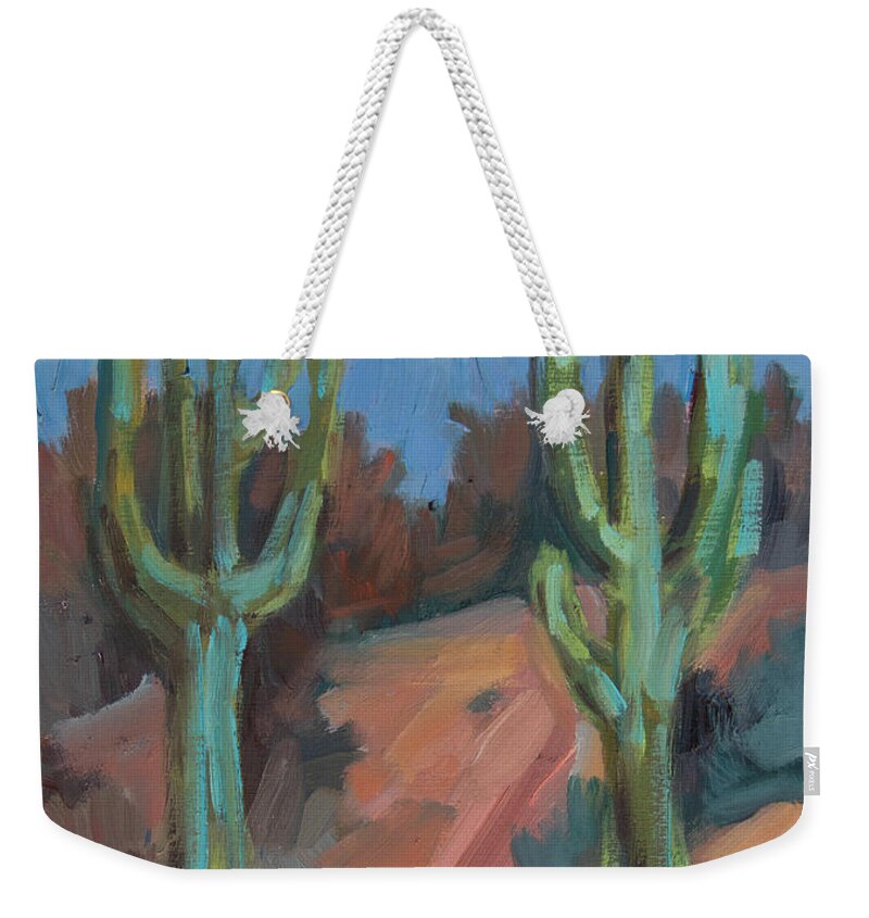Cactus Weekender Tote Bag featuring the painting Morning at Fort Apache by Diane McClary