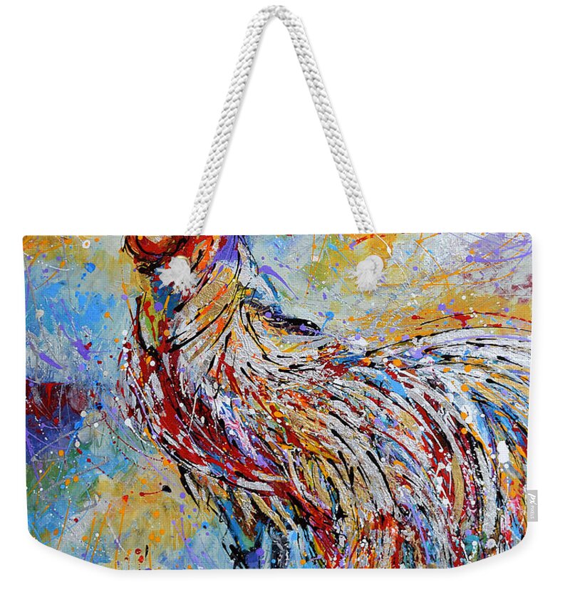 Long Tail Rooster Weekender Tote Bag featuring the painting Morning Call by Jyotika Shroff