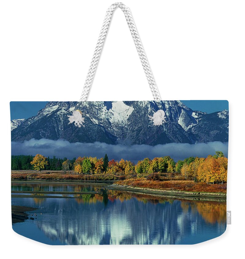 Dave Welling Weekender Tote Bag featuring the photograph Morning Cloud Layer Oxbow Bend In Fall Grand Tetons National Park by Dave Welling