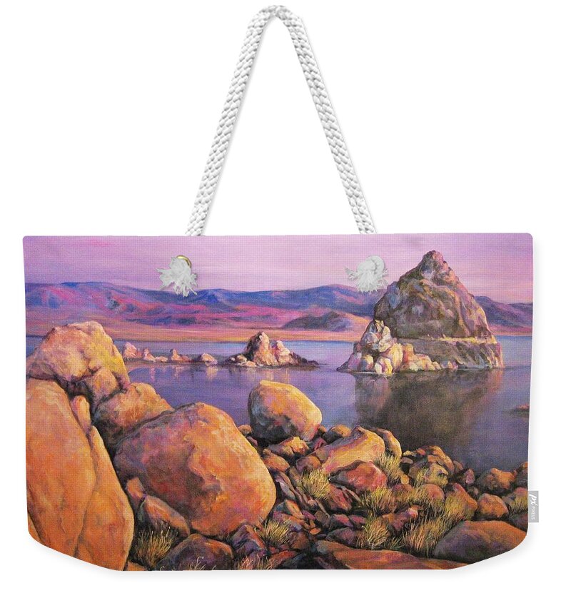 Nature Weekender Tote Bag featuring the painting Morning Colors at Lake Pyramid by Donna Tucker