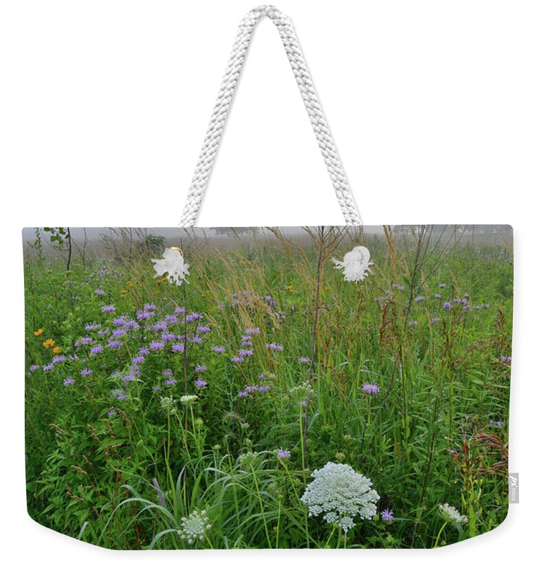 Black Eyed Susan Weekender Tote Bag featuring the photograph Morning Fog over Glacial Park Prairie by Ray Mathis