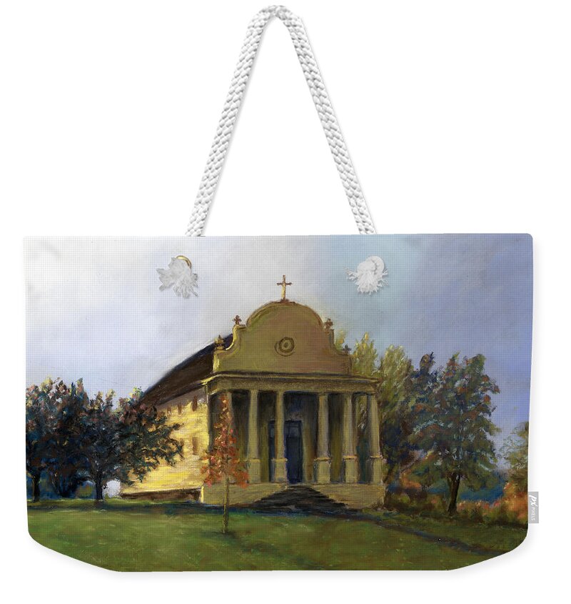Sacred Heart Mission Weekender Tote Bag featuring the pastel Morning Light at Cataldo by Harriett Masterson