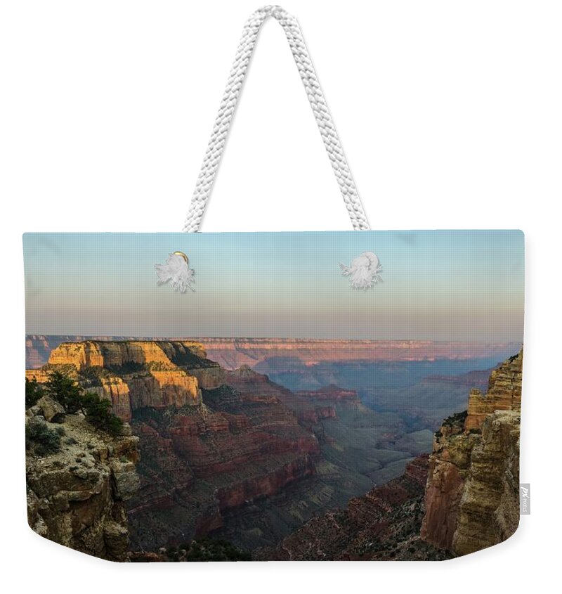 Grand Canyon Weekender Tote Bag featuring the photograph Morning lights Wotans Throne by Gaelyn Olmsted