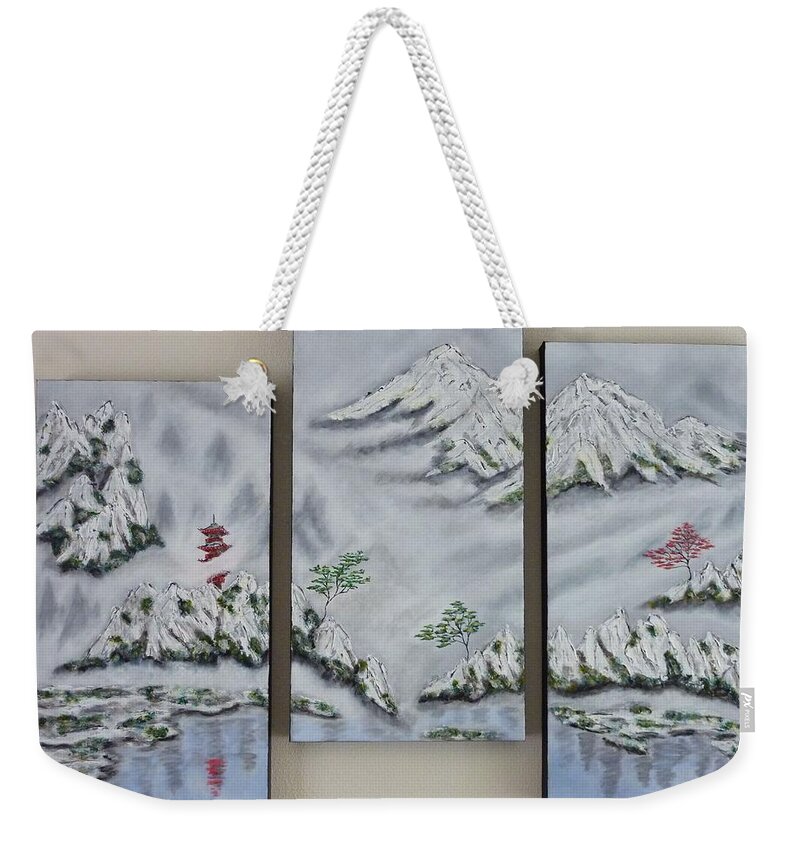 Morning Mist Weekender Tote Bag featuring the painting Morning Mist Triptych by Amelie Simmons