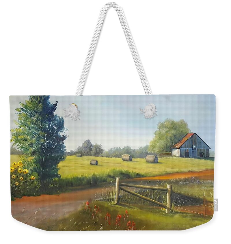 Farm Pasture Weekender Tote Bag featuring the painting Morning pasture by Connie Rish