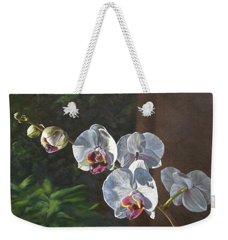 Phaleanopsis Weekender Tote Bag featuring the painting Morning Phaleanopsis by Joan Garcia