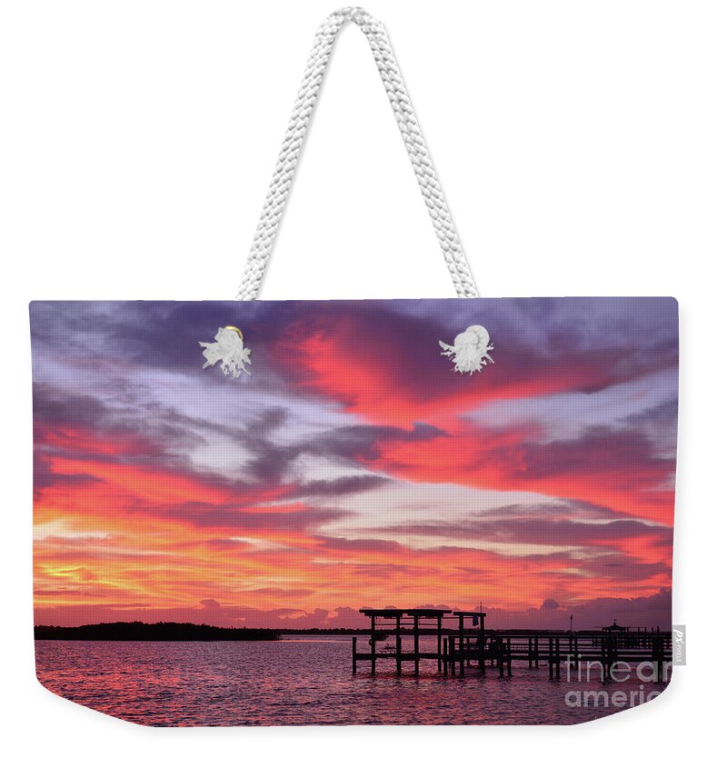 River Prints Weekender Tote Bag featuring the painting Morning River boat dock by Julianne Felton