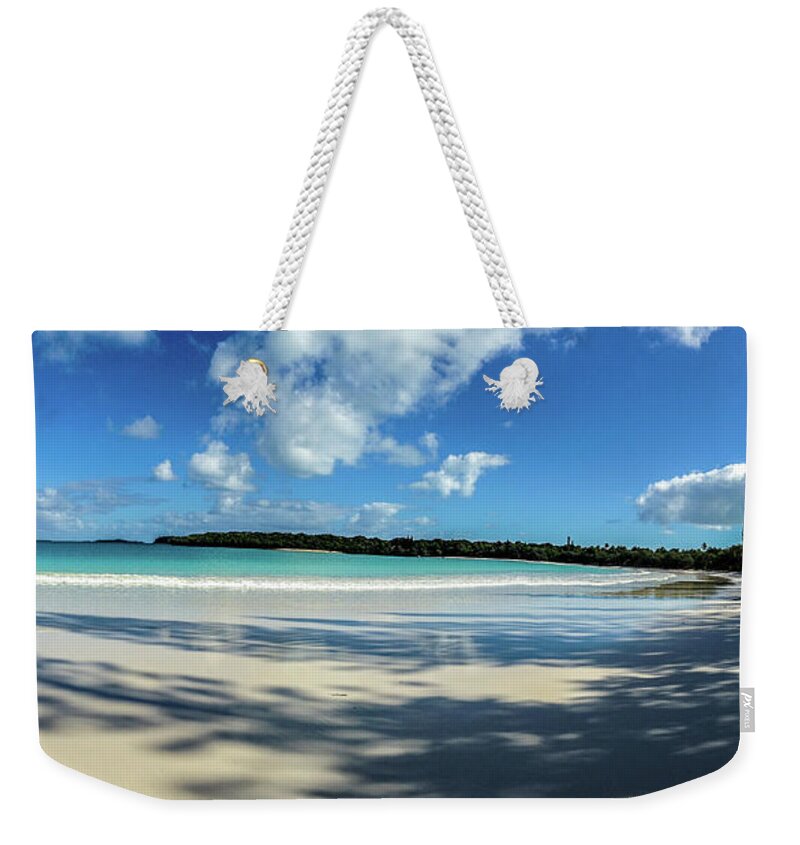 Panorama Weekender Tote Bag featuring the photograph Morning shadows Ile des Pins by Dorothy Darden