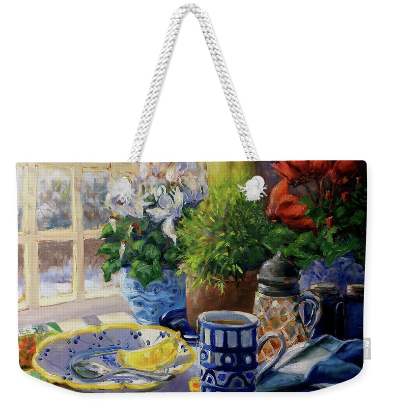 Tea With Lemon Weekender Tote Bag featuring the painting Morning Tea In The Winter Garden by Barbara Hageman