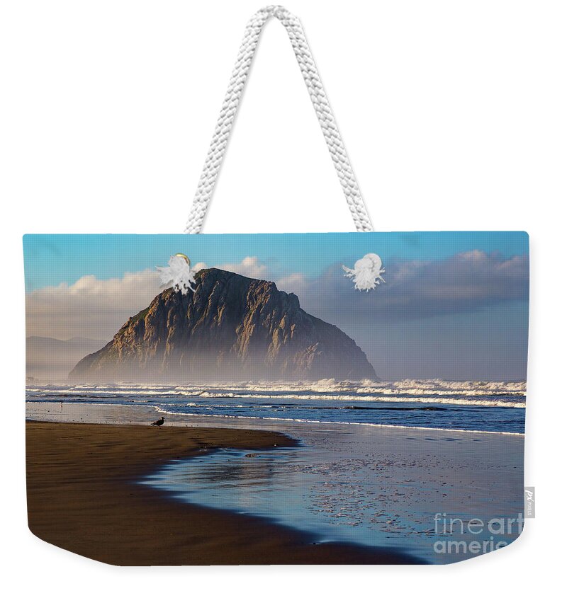 Morro Bay Weekender Tote Bag featuring the photograph Morro Rock and the Shoreline by Mimi Ditchie