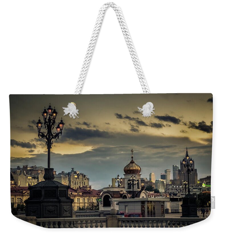 Moscow Weekender Tote Bag featuring the photograph Moscow by night. by Usha Peddamatham