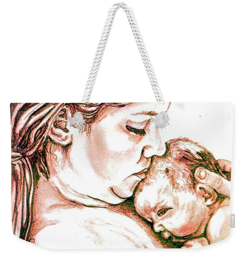 Drawings Weekender Tote Bag featuring the drawing Mother and Child 1 by Carol Allen Anfinsen