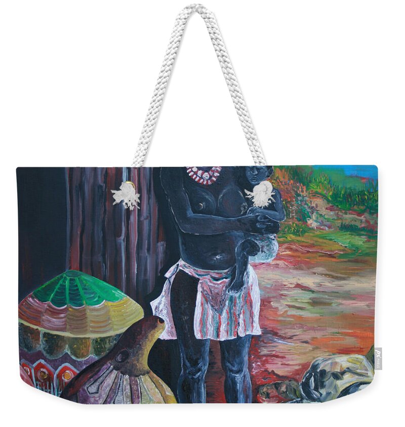 Mother And Child 2 Weekender Tote Bag featuring the painting Mother and Child 2 by Obi-Tabot Tabe